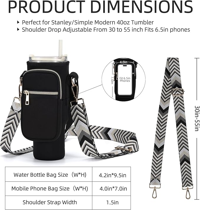 GOEWY Water Bottle Carrier Bag for Stanley 40/30 oz Tumbler with Phone Pocket Neoprene Water Bottle Holder with Shoulder & Handheld Strap Stanley Cup Accessories