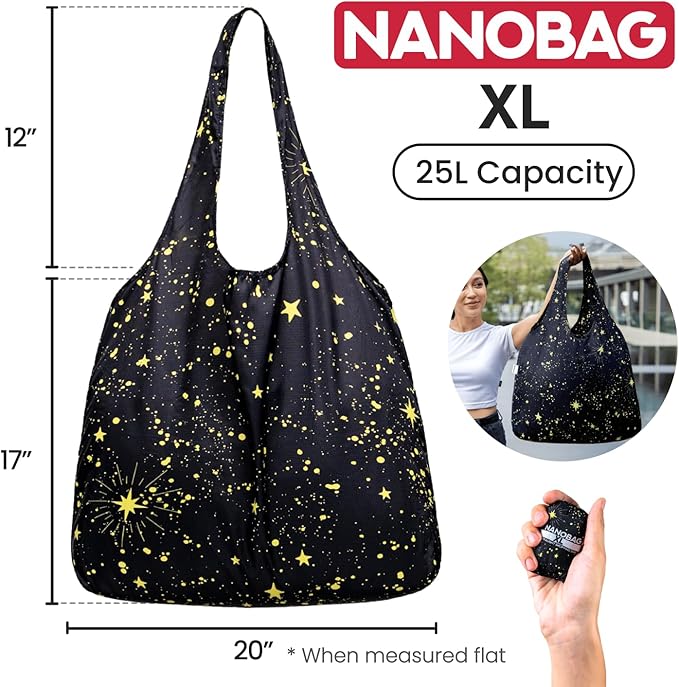 Nanobag Ultra-Lightweight Heavy Duty Foldable Tote for Women & Men, Reusable Grocery & Travel Bag, Packable Collapsible Compact Market Essential (XL Sketch)