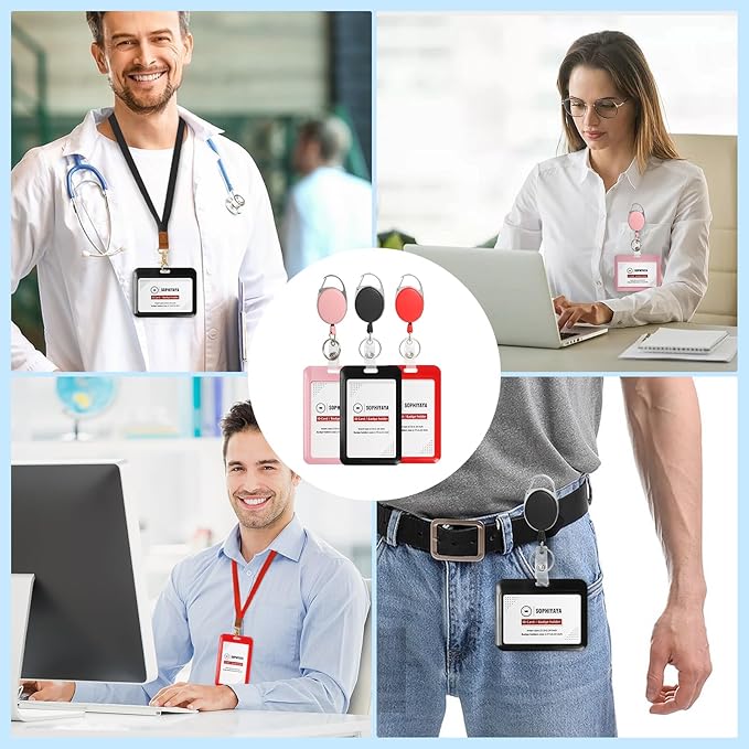 ID Badge Holder with Clip Badge Reels Retractable Heavy Duty Id Card with Carabiner Badge Reel with 24 inches Pull Cord for Office, School, Factory, Teacher (Red, Horizontal)