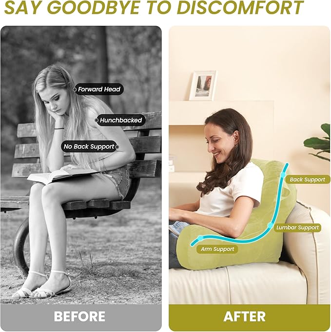 Portable Comfy Reading Pillows for Bed Sitting Up(Yellow Oeko-Tex), Velvet Back Pillow with Arms & Pockets for Adults, Support Memory Foam Bed Pillow for Dorm/Reading/Watching/Gaming