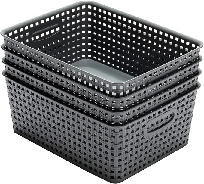 Eslite Plastic Storage Baskets for Organizing, 11"x8.5"x4.7", Pack of 4 (Grey)