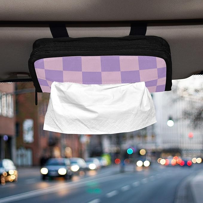 Car Tissue Holder Car Napkin Holder Car Tissue Box Dispenser Storage Case Sun Visor Mask Holder with Adjustable Straps Reusable Refillable Checkered Purple