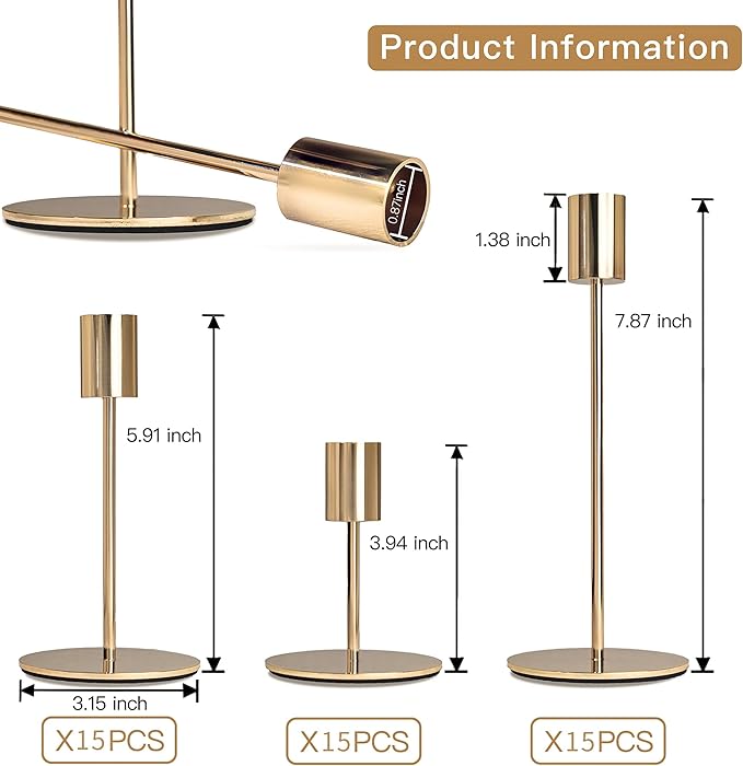 Gold Candlestick Holders Bulk for Taper Candles Decorative Metal Candelabra Candle Holders Fit 0.8 Inch Diameter Candles Gold Taper Candle Stands for Wedding Home Party Table Decor (Set of 45)