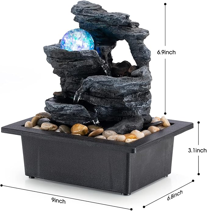 Tabletop Fountain Rotating Ball Rock Waterfall Fountain Office Includes Many Natural River Rocks Decorated with Colorful Lights, 9.05" L x 6.89" W x 10.23" H