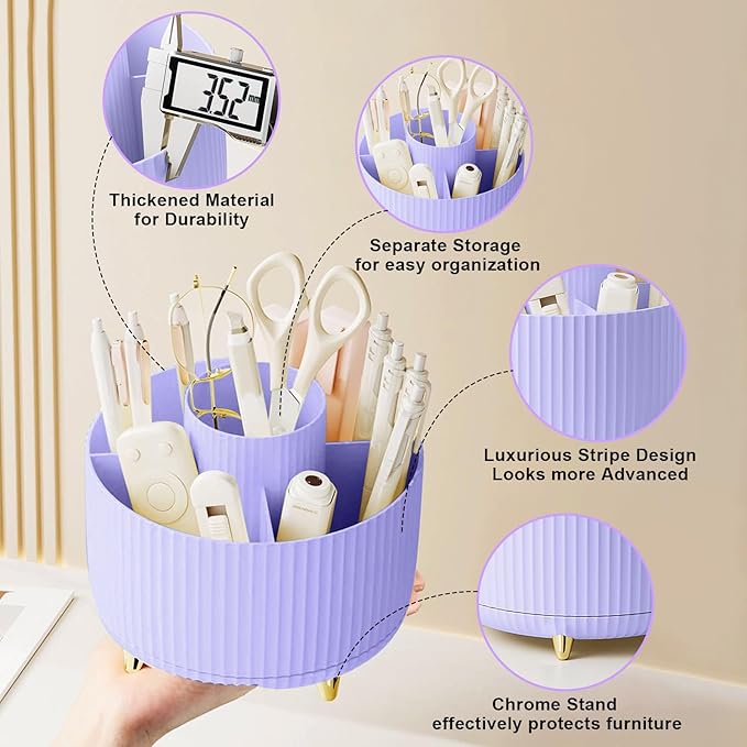 Diesisa Makeup Brush Holder Organizer, 360° Rotating Makeup Brush Organizer, 5 Slot Makeup Brushes Cup for Cosmetics, Nail Polish, Art Supply, Bathroom Vanity Desktop Organizer - Purple