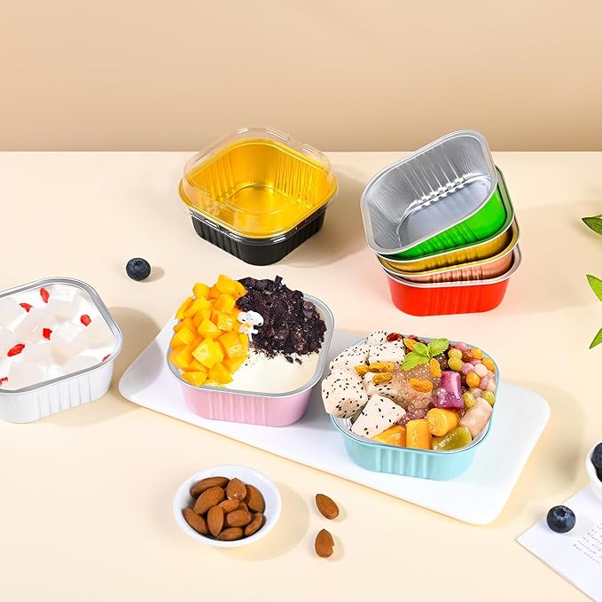 40 Pack Mini Cake Pans with Lids, 5oz Square Aluminum Foil Brownie Baking Cups, Muffin Tin Ramekins, Disposable Dessert Cupcake Cups for Wedding Birthday Party, Rad