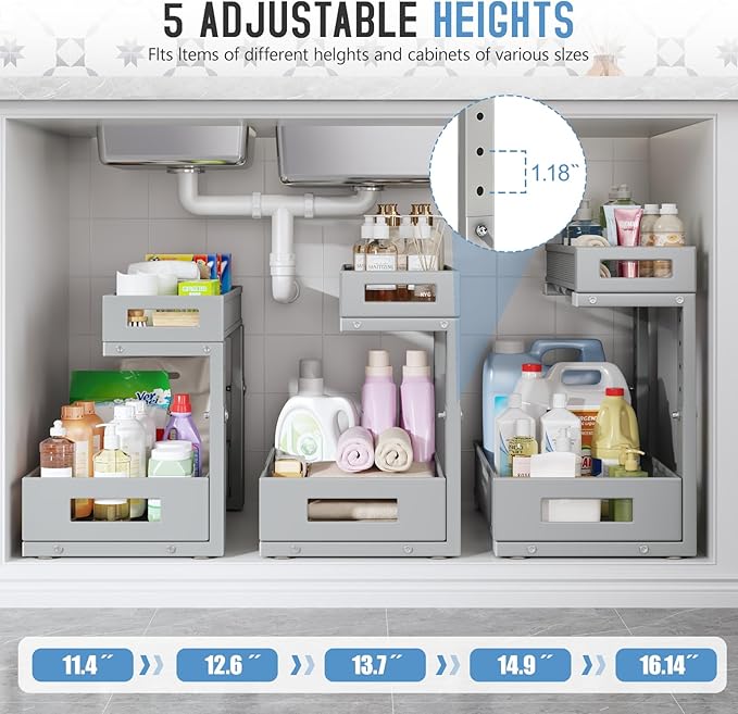 Biboraya 2-Pack Under Sink Storage Organizer, Large 2-Tier Elegant Mesh Pull Out Shelf for Kitchen and Bathroom Cabinet Organization, L-Shaped and Adjustable Height Design-Gun Gray