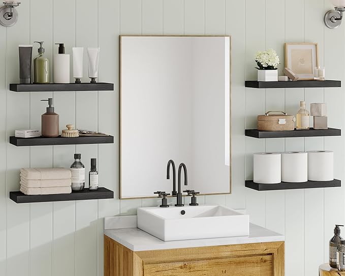 Fixwal Black Shelves, 15.8in Floating Shelves, Farmhouse Shelf Wall Decor for Bathroom, Bedroom, Living and Kitchen Set of 6