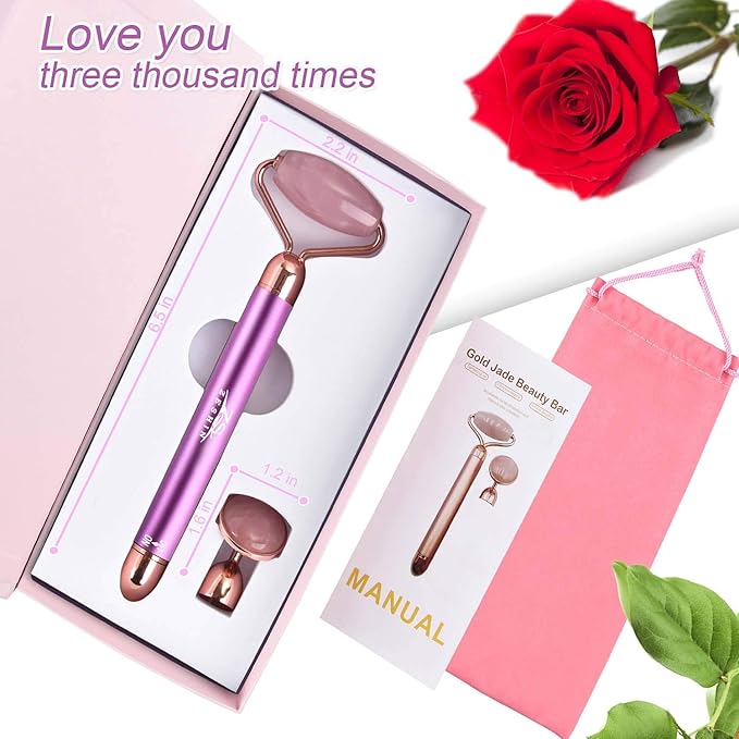 Upgrade 2 in 1 Vibrating Face Roller, Electric Jade Roller Facial Massager Roller for Wrinkles, Flaws, Eyepuffiness and Glowing Youthful Skin