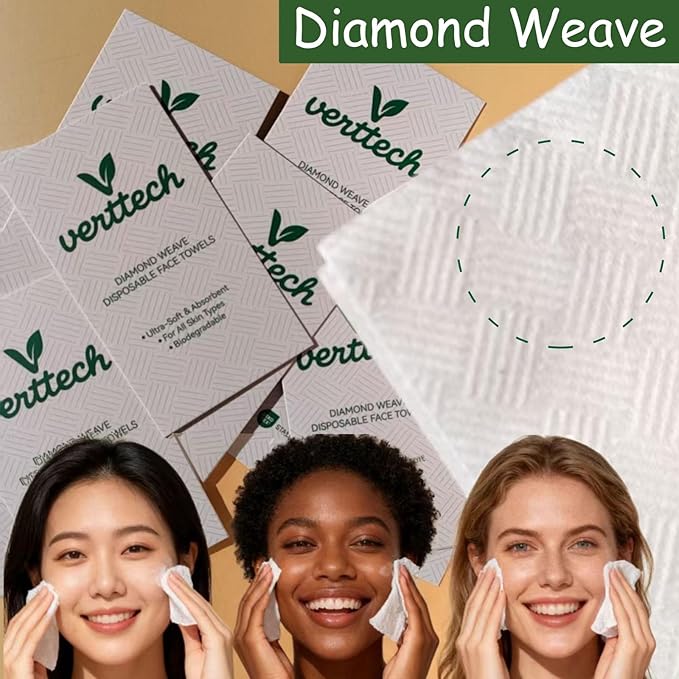 verttech™ Diamond Weave Disposable Face Towels, 50 Count 10"x12" Skin Towel, Ultra Absorbent Facial Cloths, Clean Towels for Face, Makeup Remover Towels