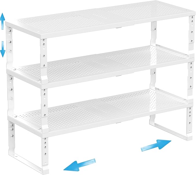 Expandable Spice Rack Kitchen Cabinet Shelf Organizer, Stackable Storage Shelves Racks, Adjustable Counter Shelving for Cabinets, Countertop, Cupboard, Pantry and More (3 Packs/White/Medium)