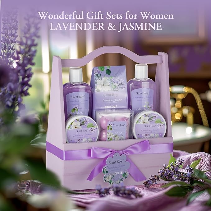 Spa Gift Basket for Christmas Gifts - 13 Pieces Lavender Jasmine Bath & Body Care Kit for Women, Holiday Gift for Mothers Day, Valentine's Day, Self Care Pampering Gifts, Birthday Gifts