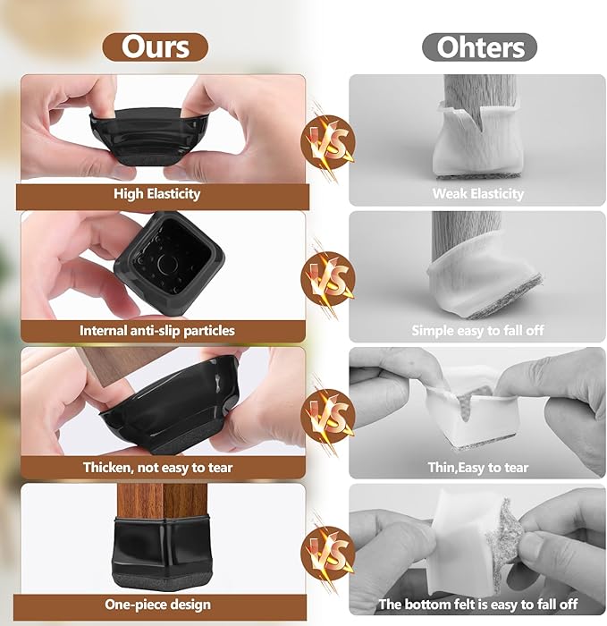 28Pcs Square Chair Leg Floor Protectors with Wrapped Felt Bottom, Silicone Chair Leg Protectors for Hardwood Floors, Chair Legs Cover Prevents Scratches & Reduce Noise (Black S Fit 0.87"-1.10")