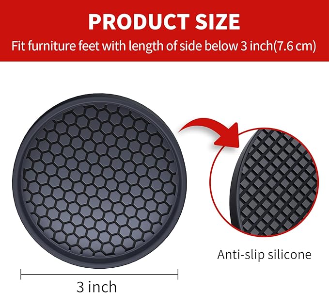 Ezprotekt Non Slip Furniture Pads, 8 Pcs 3" Anti Skid Rubber Furniture Caster Cups, Anti-Slip Furniture Coasters for Hardwood Floors, Anti Slide Floor Protectors for Bed Couch Stoppers (Black)