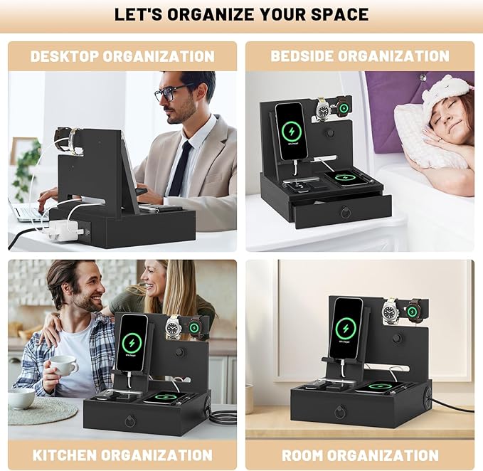 Wood Phone Docking Station with USB Ports and Outlets, Nightstand Organizer with Charging Station, Bedside Organizer with Drawer for Watch & Accessories, Christmas Anniversary Birthday Gifts for Men