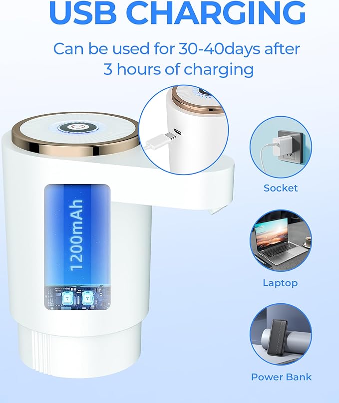 Water Bottle Pump, Portable Electric Water Dispenser Pump for 5 Gallon Bottles - USB Charging, Automatic Switch, Rechargeable Battery for Home Kitchen Room Camping
