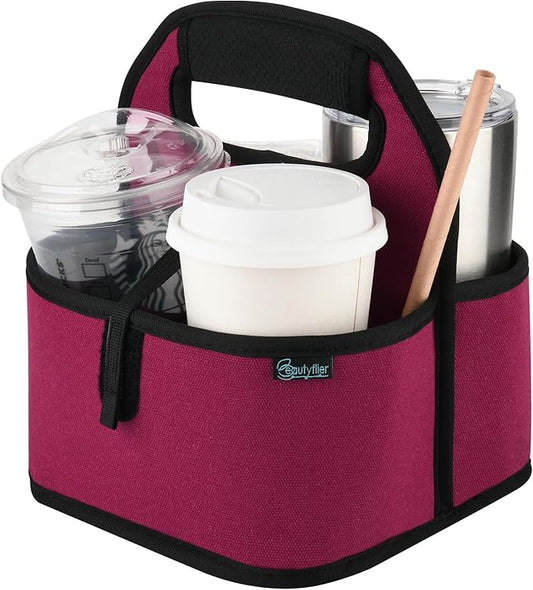Beautyflier Reusable Insulated Coffee Cup Carrier, Portable Drink Holder with Handle Organizer Tote Bag for Hot & Cold Drinks (Wine Red)
