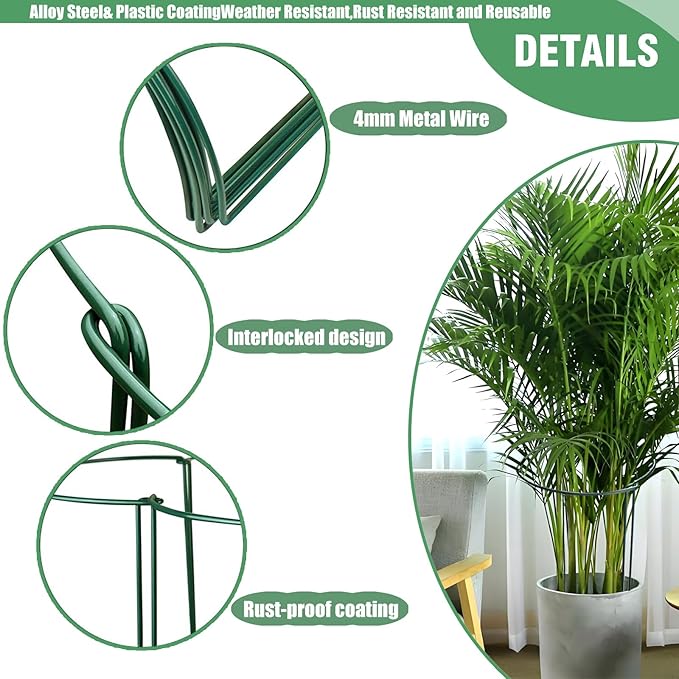 LINGHUI 6 Pack Plant Support Stakes, 10" Wide x 16" High,Heavy-Duty Half Round Peony Support Ring and Cage for Indoor and Outdoor Plants, Peony, Tomato, Hydrangea, Rose(100 Plant Ties)