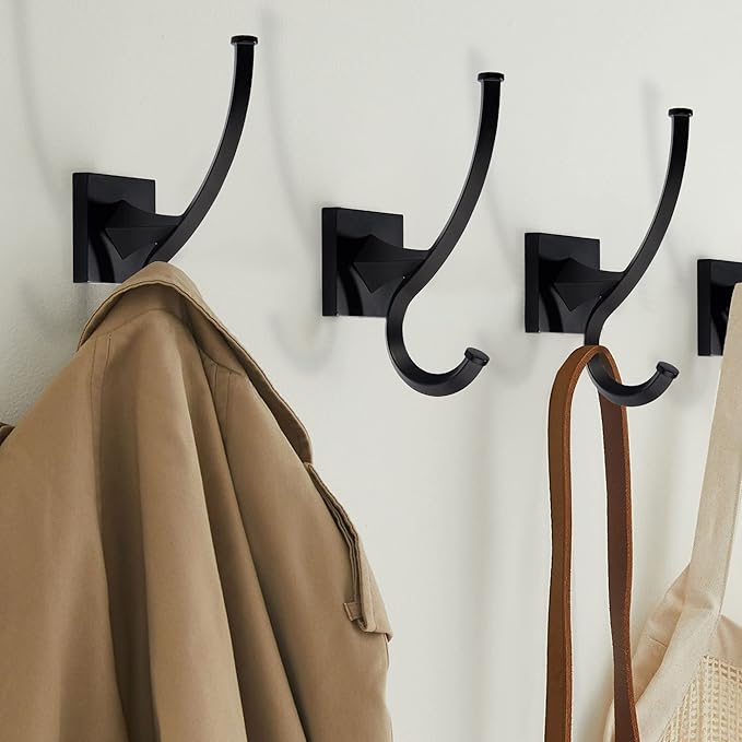TUNNY 4 Pack Vintage Wall Hooks-Matte Black Coat Hooks Towel Hook for Hanging Heavy Duty Bathroom Hook Hat Hook Double Wall Mounted Coat Hanger