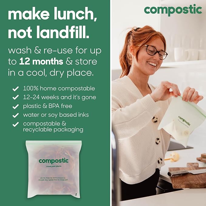 Compostic Home Compostable Resealable Snack Size Bags, Microwave & Freezer Safe, Organic Food Storage Container, 60 Count