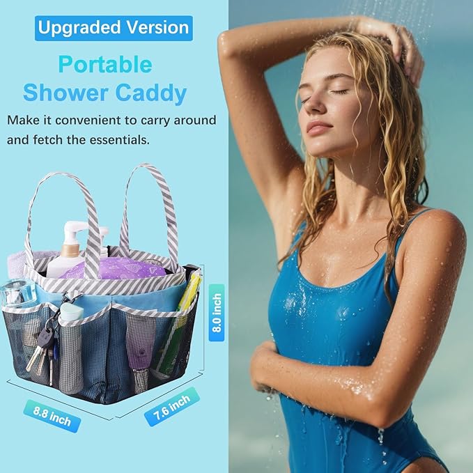 Haundry Mesh Shower Caddy Portable for College Dorm Room Essentials, Shower Caddy Tote with 8 Pockets Large Capacity, Shower Bag for Beach, Swimming, Gym, Light Blue
