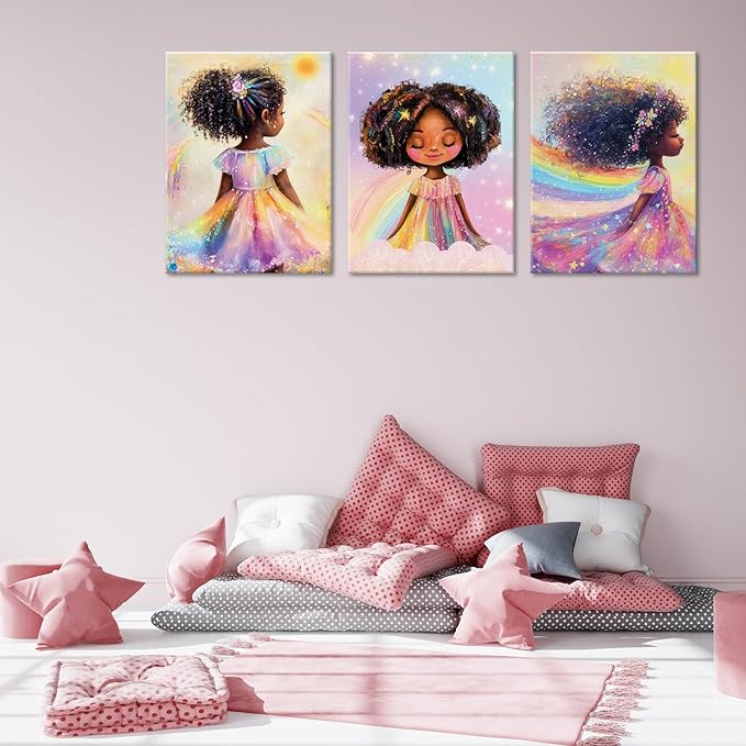 Black Girl Princess Wall Art, Rainbow Hair Girl Painting,Cute Afro Girls Art,Cute Black Girl Nursery Art,Whimsical Rainbow Art Print Set Poster,Black Kids Canvas Prints,Framed12 x 16inches X3piece