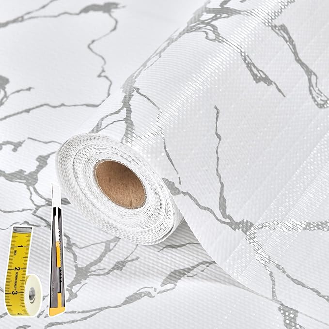 Drawer and Shelf Liner for Kitchen Cabinet: 17 in x 20 ft Non-Slip Waterproof Shelf Paper, Non-Adhesive Refrigerator Liners, Silver Marble Easy Liners for Bathroom with Knife and Tape Measure