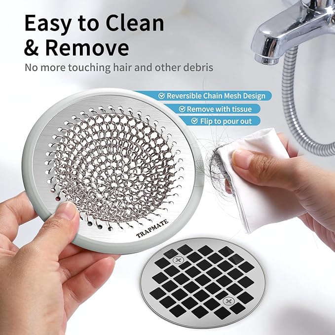 TRAPMATE Shower Drain Hair Catcher, Patented Bathtub Stopper Drain Strainer Kit, Fast Drainage Stainless Steel Shower Drain Cover for US Standard Flat Drains of Bathroom and Shower Room