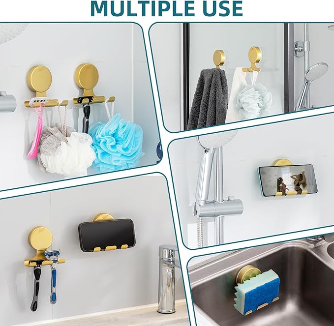 TAILI 2 Pack Powerful Suction Cup Razor Holder, 304 Stainless Steel Bathroom Suction Hooks for Towel, Loofah, Bathrobe, Stylish Shaver Holder for Shower Wall, Easy to Install and Reuse, Gold
