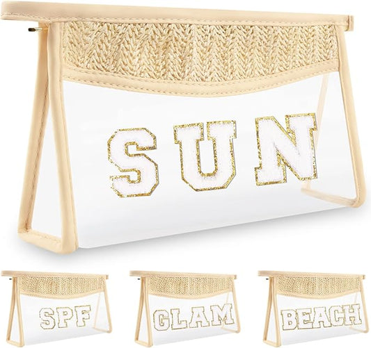 Boho Clear Makeup Letter Patch Makeup Bag SUN Pouch, Clear Toiletry Bags Travel Small Cute Chenille Letter Cosmetic Zipper Pouch Purse, Transparent Waterproof Makeup Organizer Bag for Women Girls(SUN)