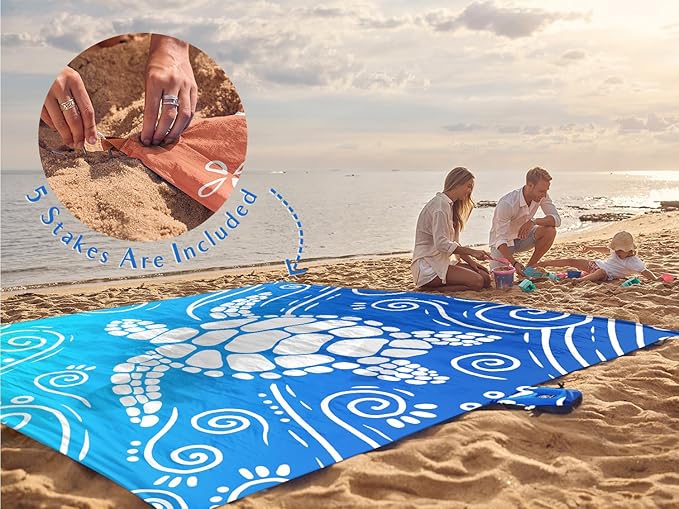 WEKAPO Beach Blanket Waterproof Sandproof Oversized Extra Large Sand Free Beach Mat with Stakes, Storage Bag - Essentials for Outdoor Beach, Picnic (Gradient Blue Sea Turtle, 11 X 9 FT (1~10 Person))