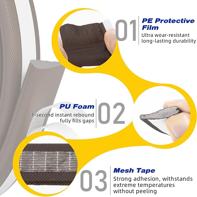 Weather Stripping Door Seal Strip for Door Frame, Window Insulation for Winter, Doors Soundproofing Gap Filler, Window Sealer Exterior Doors Weather Stripping, Foam Windows Draft Stopper (Brown, 196'')