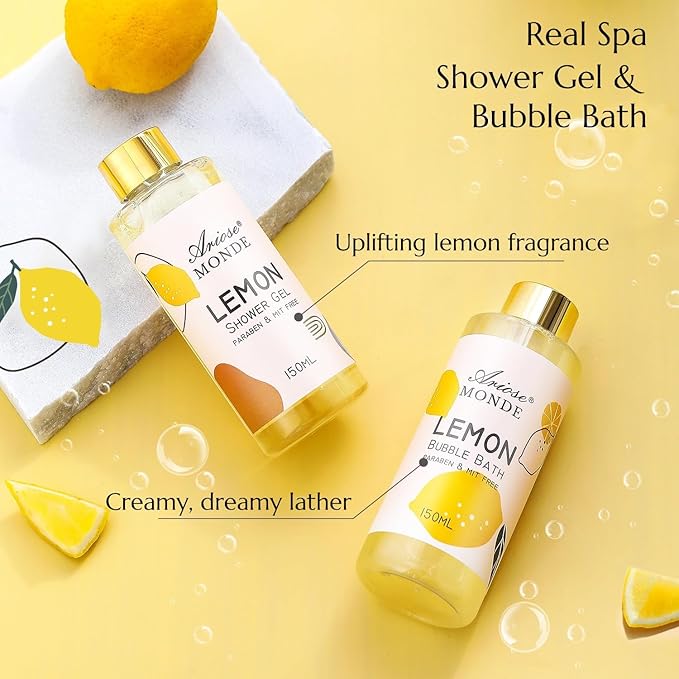 Lemon Scent Bath Spa Gift Box Set for Women - Shower Gel, Bubble Bath, Body Cream, Soap, Salt, Essential Oil