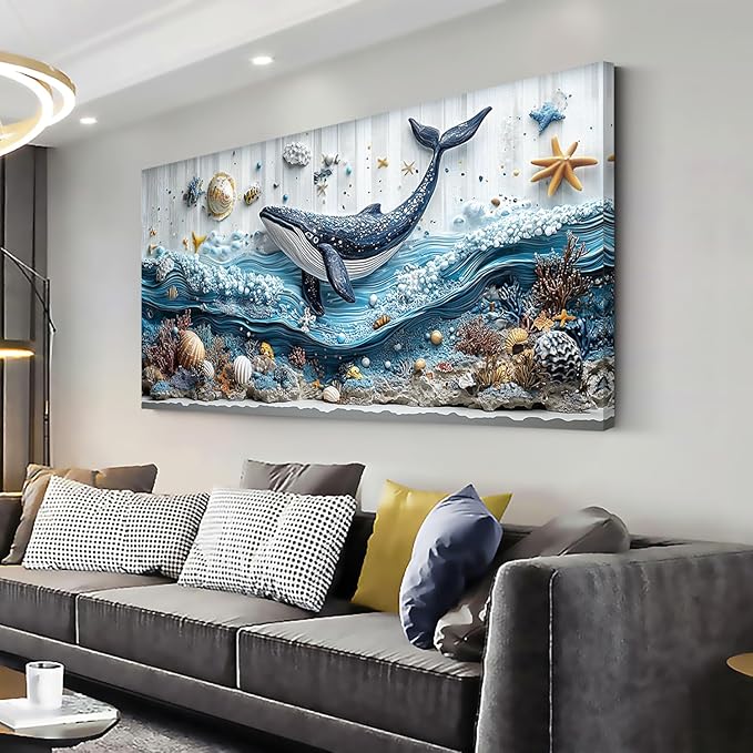 ZESTRILIA Ocean Whale Wall Art for Kids Room Navy Blue Marine Organism Underwater World under the Sea Canvas Painting Prints Artwork Family Living Bedroom Decor Large (46x23 Inches)