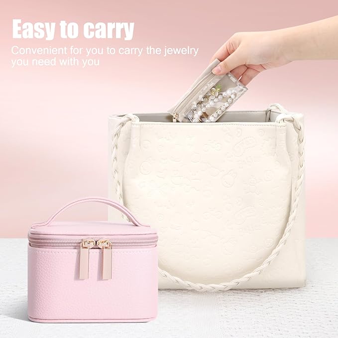 DesignSter Small Jewelry Box, Travel Small Jewelry Organizer with Earring Tray and Ring Holder, Square Travel Jewelry Storage Case with 6 Velvet Jewelry Pouches, Pink