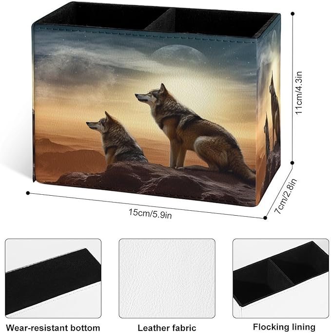 Famame Wolf Desert Pencil Holder for Desk, Leather Desktop Container Pen Cup Storage Study Table Pen Organizer Makeup Brush Holder for Classroom Office Home