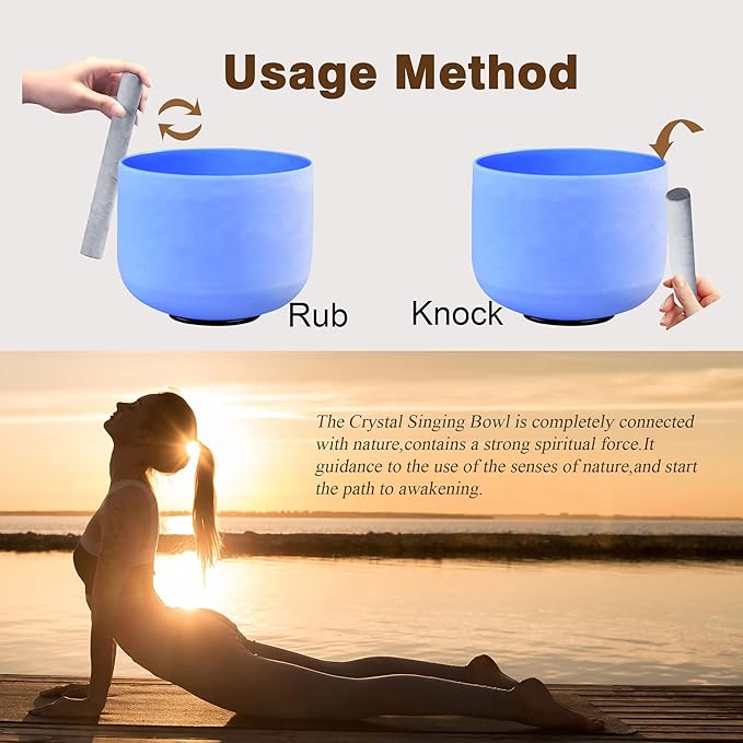 RYAN DVAN 8” G Note Blue Frosted Throat Chakra Crystal Singing Bowl with Free Heavy-Duty Carrying Case and Suede Striker O-Ring