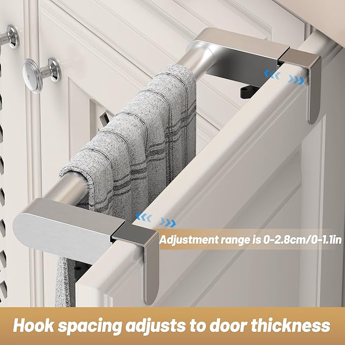 VEHHE Kitchen Towel Holder, Hand Screwed Telescopic Kitchen Towel Rack, Stainless Steel Adjustable Length and Width Over The Cabinet Door Towel Rack with EVA Foam Pad (Silver)