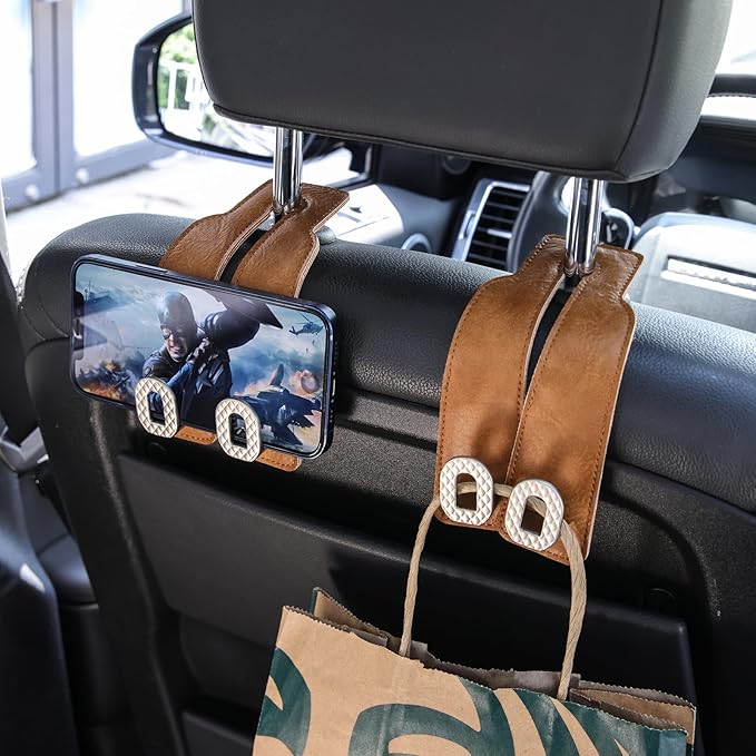 Car Headrest Hooks Universal Car Purse Hook Premium Leather and Alloy Twin Hook Car Seat Back Storage Hanger Hook for Purse Bags Cloth Drink Durable Holder Car Accessories (BH09-Brown-Silver-4 Pcs)