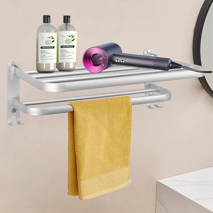 Towel Rack for Bathroom, Bath Towel Holder with Double Towel Bar and Fold-able Towel Shelf, Rustproof Towel Organizer Wall Mounted Towel Storage Hanger for Bath/Balcony/Lavatory(16In Sliver)