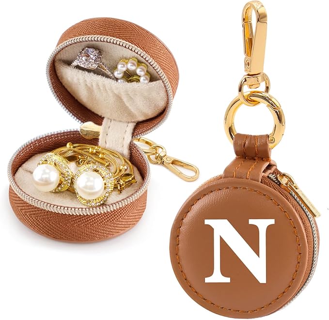 Mini Initial Travel Jewelry Case Ring Holder, Brown Faux Leather Small Jewelry Organizer Box Gifts for Women Girls Nurse Teacher, Gym Travel Accessories Keychain Pouch for Earrings Rings Necklace N