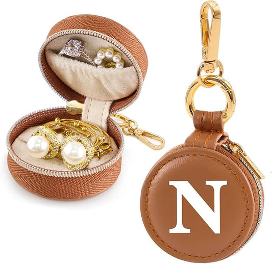 Mini Initial Travel Jewelry Case Ring Holder, Brown Faux Leather Small Jewelry Organizer Box Gifts for Women Girls Nurse Teacher, Gym Travel Accessories Keychain Pouch for Earrings Rings Necklace N