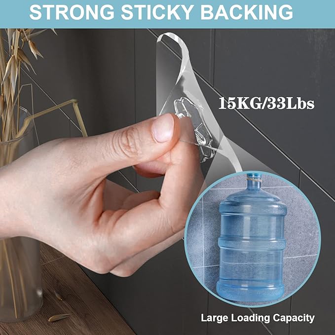 WOVU Wall Hooks - 33 lbs Max, Transparent, Seamless, Waterproof & Oilproof - Heavy Duty Adhesive Coat & Towel Hooks (20 Pack)