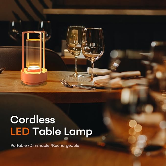 Portable Metal Table Lamp for Indoor/Outdoor ,Rechargeable Cordless LED Lamp, 3-Colour Infinitely Dimming Battery Powered Small Desk Lamp, Restaurant/Bedroom/Bar/Coffee/Camping Light (Orange set of 2)