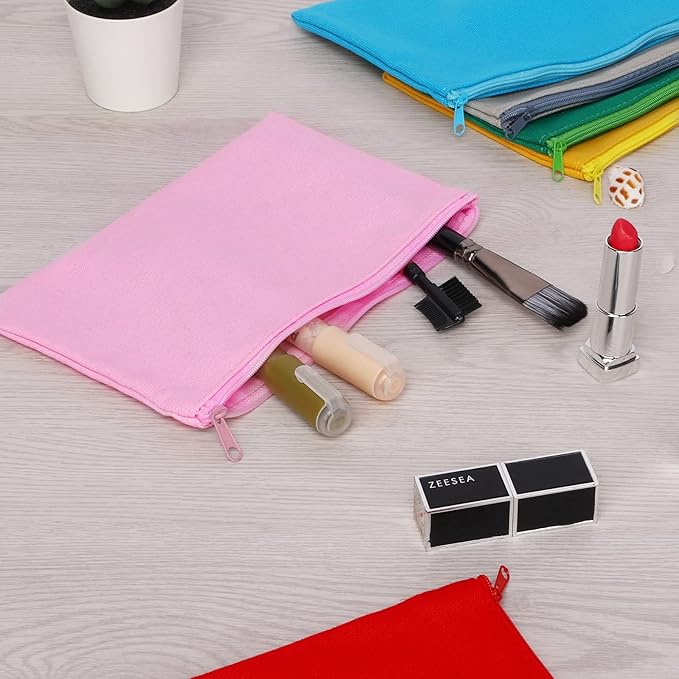 12 Pieces Cotton Canvas Makeup Bag, Multipurpose Cosmetic Bag with Zipper Travel Toiletry Pouch, Blank DIY Craft Bag (Pink, L)