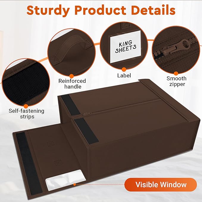4 Pack Bed Sheet Closet Organizers and Storage,Sturdy Foldable Storage Containers with Window and Label,Storage and Organization for Bedding Sheets,Duvet Covers,Blankets (Brown)