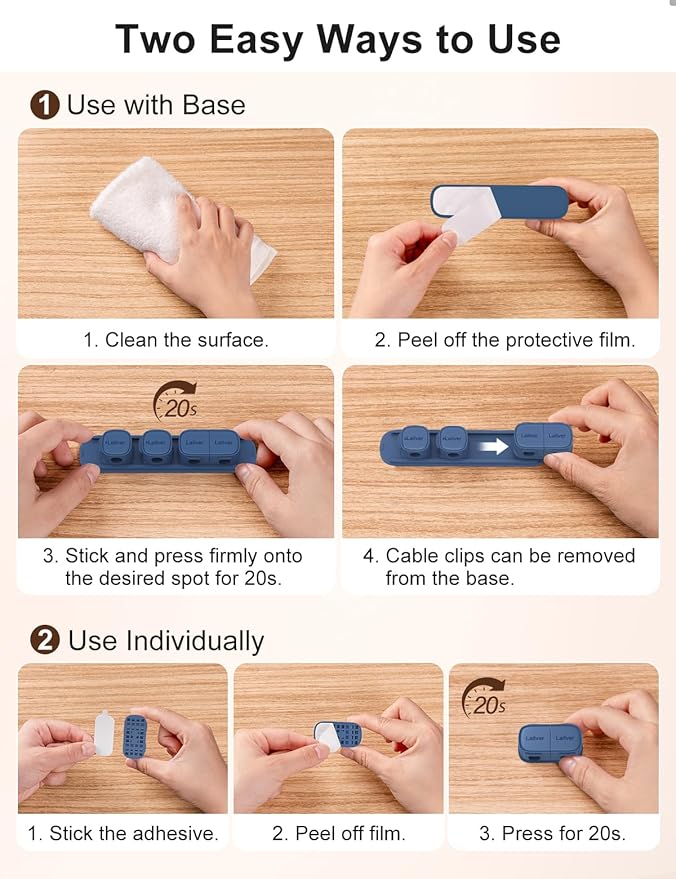 6 Pack Magnetic Cable Clips [1s Open/Lock], Laitver Cord Organizer Holder Strong Adhesive Desk Cable Management- Organize Charging Cords Neatly for Home, Office, Car,Desk, Nightstand-Porcelain Blue