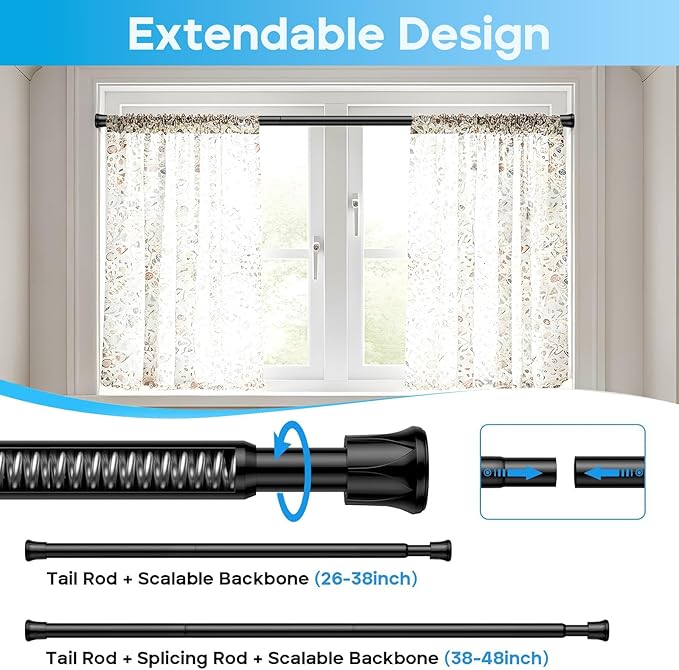 Tension Curtain Rod 28-48 inch Small Tension Rods Black Adjustable Spring Tension Curtain Rods 6PCS Mini Curtain Rod Short for Cupboard Closet Rod Kitchen Drawers No Drill Cupboard Cabinets