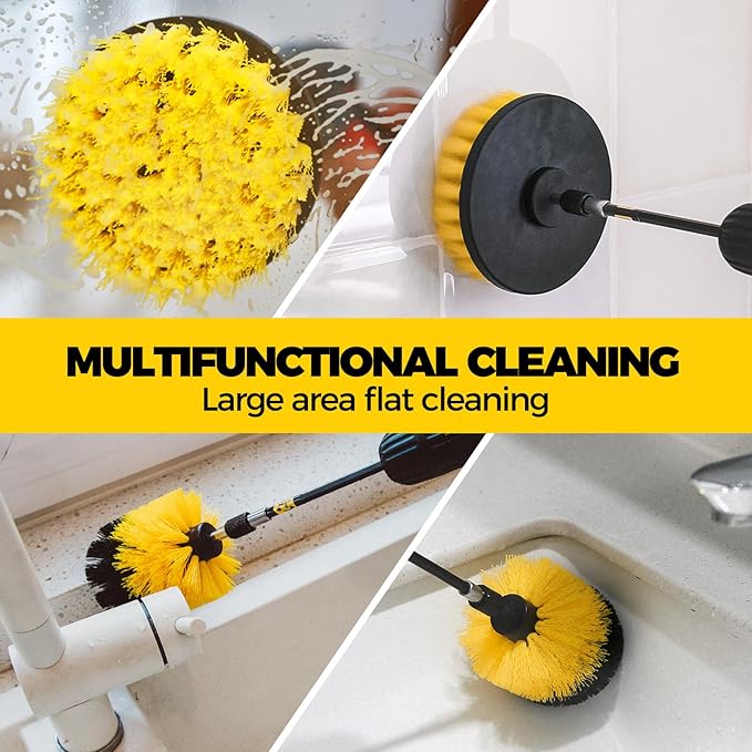 Holikme 9Pack Drill Brush ，All Purpose Drill Brush with Extend Attachment for Bathroom Surfaces, Grout, Floor, Tub, Shower, Tile, Kitchen and Car，Corner,Masonry Brushes，Yellow