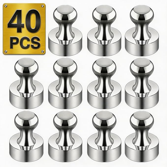 Metallic Magnets, Refrigerator Magnets, 40 Pack Silver Magnetic Push Pins, Strong Fridge Magnets, Multi-use Whiteboard Magnets Perfect for Kitchen Office Classroom